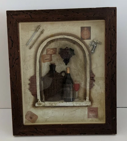 Vintage Wall Hanging Wine 3D Picture Wood Framed 13.5" x 11.5" x 2.5" Cover