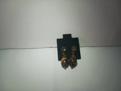 Tigers Eye Earrings Post Barrel Shaped Dangle With Rhinestone  - Image 1 of 4