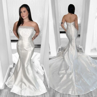 Mermaid Satin Wedding Dresses Elegant Strapless Beaded Sweep Train Bridal Gowns - Image 1 of 4