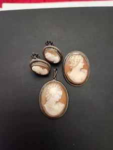 Antico Ciondolo Cammeo Argento 800 Sterling, Spilla, Set Orecchini - Foto 1 di 10