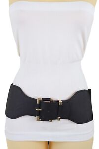 New Women Wide Stylish Cool Look Belt Black Elastic Strap Gold Square Buckle S M