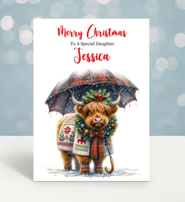 Personalised Highland Cow Christmas Card Son Daughter Friends Neighbours Couple
