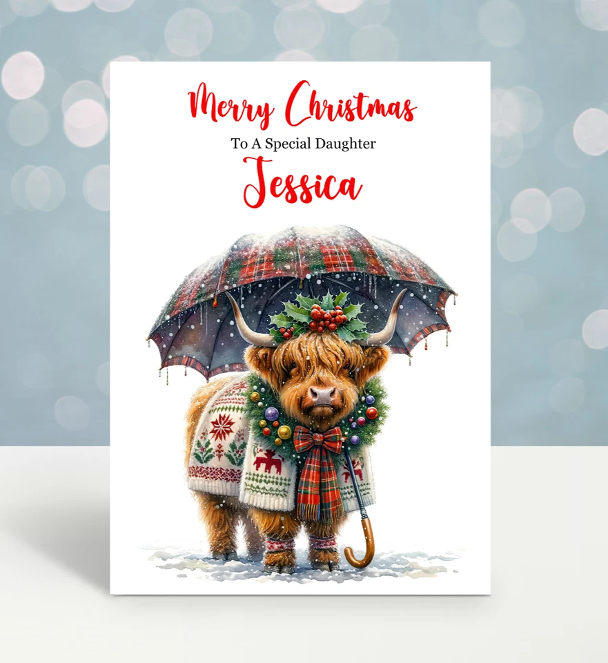 Personalised Highland Cow Christmas Card Son Daughter Friends Neighbours Couple