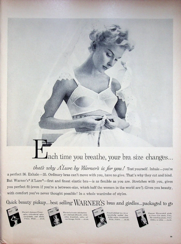 1957 Warner's Alure Bras & Girdles Print Ad Finest Elastic Bra Breaths with You — 第 1/1 张图片