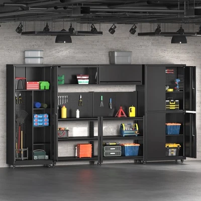 6 Pc Metal Garage Storage System Rolling Workbench Pegboard Workshop Cabinet Set - Image 1 of 4