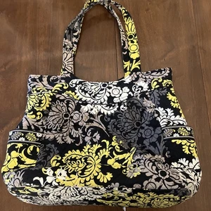 Vera Bradley Quilted Tote Bag Floral Yellow Black White Gray Boho Cottage Granny - Picture 1 of 8