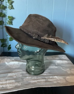 复古灰色麂皮绒帽子带编织带 Minnetonka 尺寸 S Boho Chic Gypsy — 第 1/4 张图片