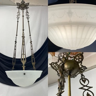 RESTORED Antique Vtg Large Art Deco Glass Bowl Chandelier Foyer Light, Pendant - Image 1 of 4
