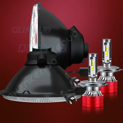 1 PAIR 7" ROUND H6024/H6017 H4 CONVERSION HEADLIGHT + H4 LED WHITE BULBS - Image 1 of 4