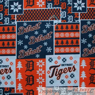 BonEful Fabric FQ Cotton Quilt NFL Sport Football Detroit Tigers Michigan Square - Image 1 of 4