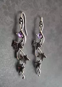 New Silver Purple Stone With Vine Leaves Hook Drop Earrings Fairycore Jewellery - Picture 1 of 4