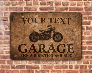 Motorcycle Garage Sign Personalized Scratched Rusty Design  - Picture 1 of 11