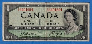 CANADA $1 1954 BC-29b / P-66b QE II  Circulated DEVIL'S FACE 👿   P/A 4491694 - Picture 1 of 3