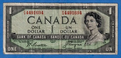 CANADA $1 1954 BC-29b / P-66b QE II  Circulated DEVIL'S FACE 👿   P/A 4491694 - Image 1 of 3