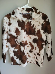 Girls Cow Print Sherpa Long Sleeve Shirt Half Zip Youth Large - Picture 1 of 3