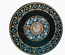 36" Black Marble Round Coffee Table Top Turquoise Marquetry Inlay Art Decor W286