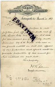 1887 membrete INSTITUTO NACIONAL QUIRÚRGICO Indianápolis Indiana H ALLEN Johnson - Imagen 1 de 1