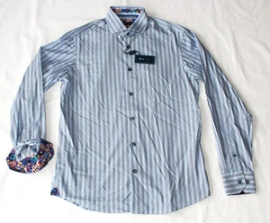New $119 BLUE Polifroni Striped Sport Shirt Men's MEDIUM M Blue Contrast Cuffs - Picture 1 of 8