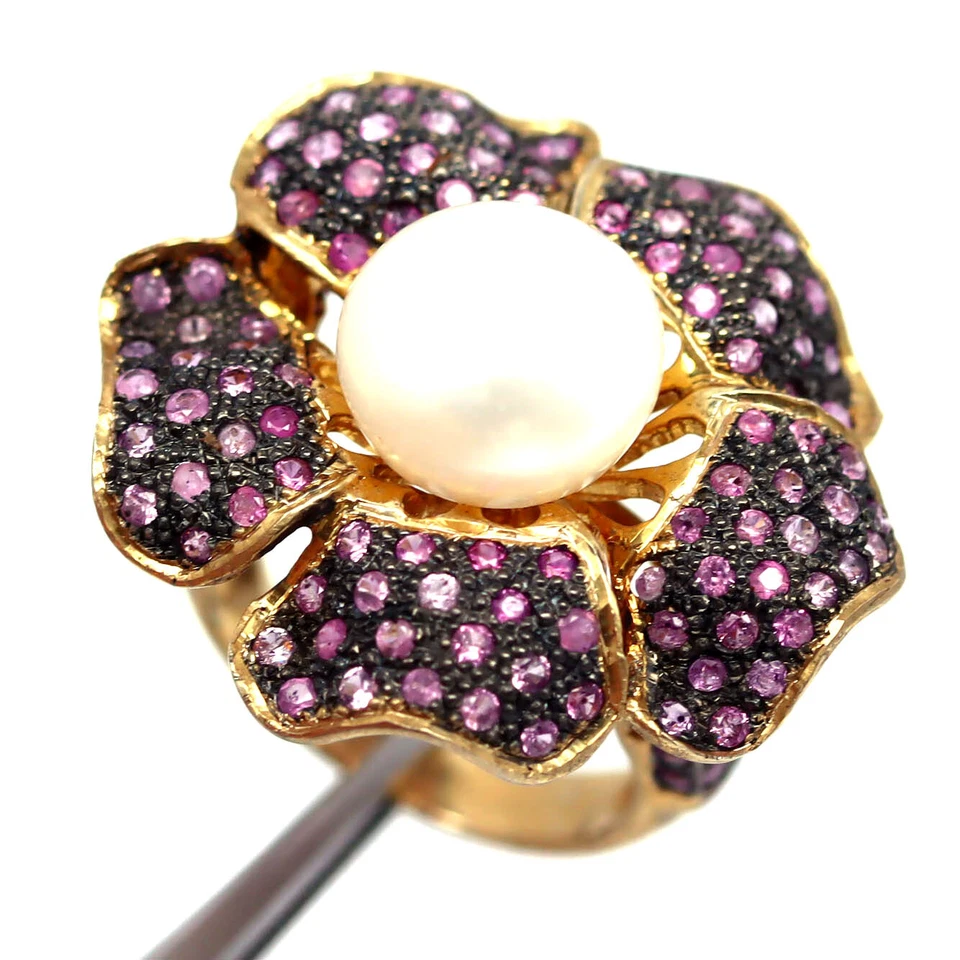925 Sterlingsilber 11 mm Weißer Perlen- Und Rosa Saphir-Schmuckring Größe 6,5 - Bild 1 von 4