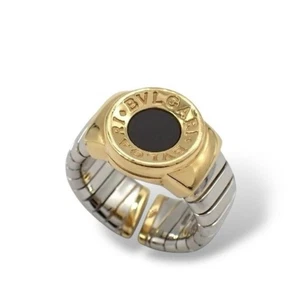 BVLGARI Tubogas Onyx 750 K18YG SS K18 Yellow Gold Ring US 6 EU52 Stainless Steel - Picture 1 of 10