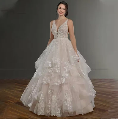 Romantic Deep V-Neck Wedding Dresses Tank Layered A-Line Lace Appliques Tulle - Image 1 of 4