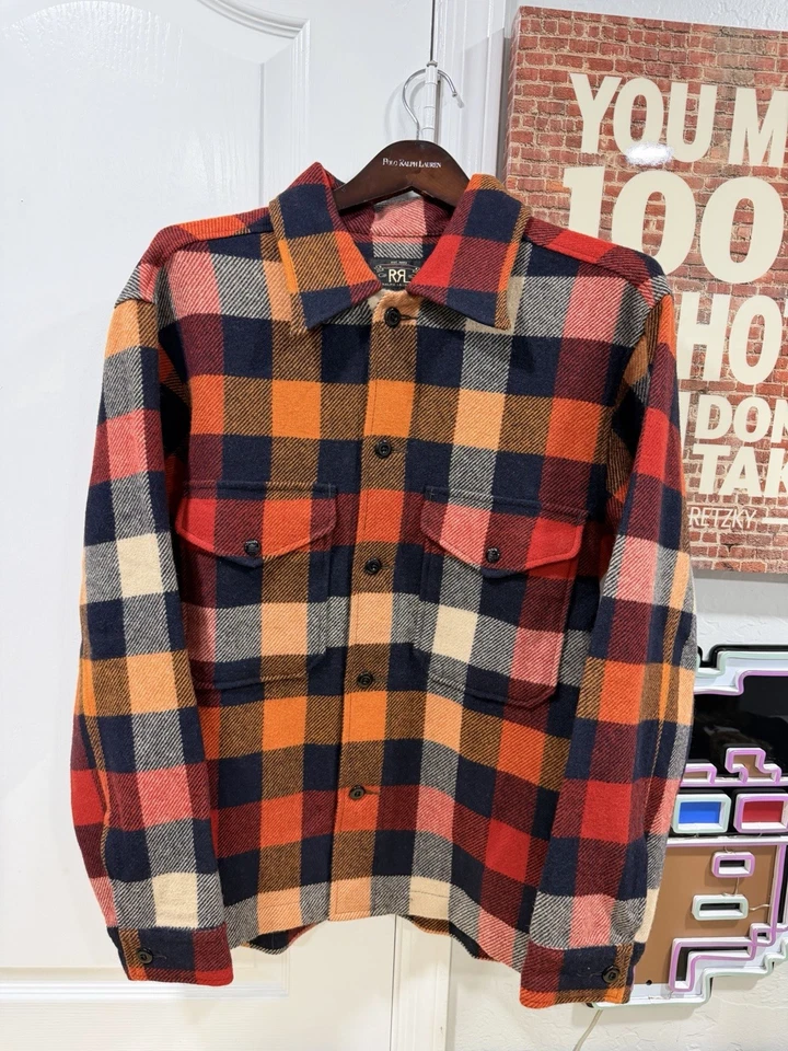 Chaqueta Camisa RRL Ralph Lauren 100% Lana Franela Talla: Mediana - Nueva con Etiquetas Minorista $445 Foto 1 de 4