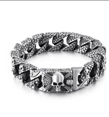 Gothic 8.5 Inch Mens Bracelet Stainless Steel Punk Biker Skull Chain - Image 1 of 4