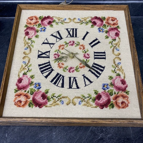 Vintage Americana Needlepoint Embroidery Wall Clock 15x15 Roses Handmade Runs Cover
