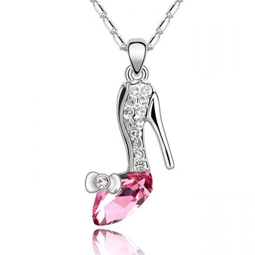 NEW Women Pink Crystal Rhinestone High heels Silver Chain Pendant Necklace w box - Изображение 1 из 1