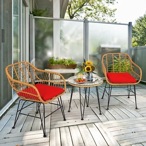 3PCS Patio Rattan Bistro Furniture Set Cushioned Chair Table Red - Picture 1 of 12