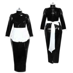 Long Sleeve Ankle-length Hobble Dress Vinyl PVC Leather Maid Uniform with Apron - Picture 1 of 22