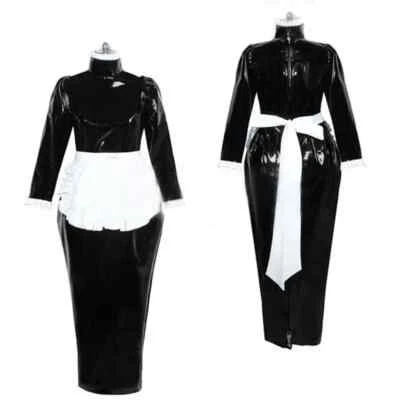 Long Sleeve Ankle-length Hobble Dress Vinyl PVC Leather Maid Uniform with Apron  - Image 1 of 4