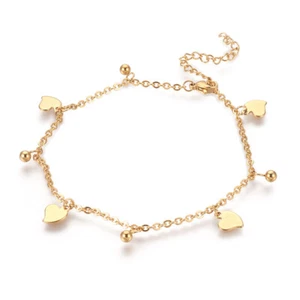 304 Stainless Steel Charm Anklets Heart Round Gold 9" 2mm A51 - Picture 1 of 3