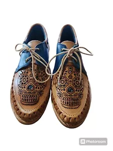 Mexican Handcrafted Huarache Calavera Adelita Day Of The Dead Skull Loafers READ - Picture 1 of 9