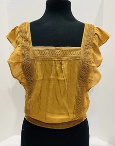 Hope Horizon Turmeric Gold Boxy Neckline Cinched Waist Peasant Blouse Sz S - Picture 1 of 11