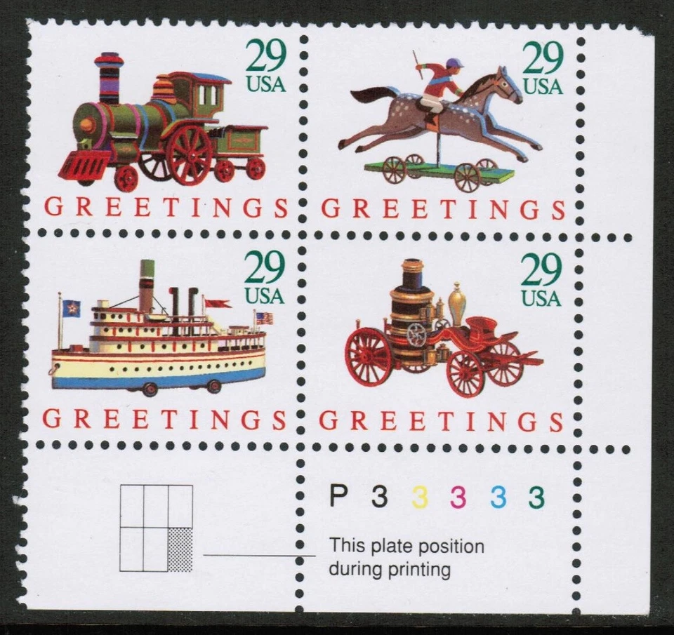 US USA Sc# 2714a MNH FVF PL# BLOCK Xmas Toys Train Horse Ship Fire Engine - Image 1 of 1