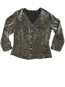 Blusa verde iridiscente brillante metálica arrugada abotonada para mujer M’s - Imagen 1 de 6