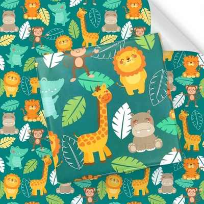 儿童女孩男孩、长颈鹿动物和叶子森林 D 生日包装纸 — 第 1/4 张图片