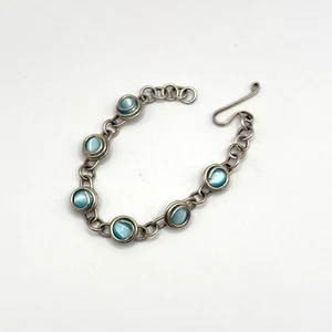 Vintage Handmade Sterling Silver 925 Blue Tigers Eye Moonstone Chain 7" Bracelet - Picture 1 of 5