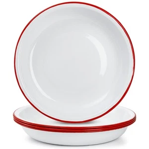 Set of 4 Enamel Dinner Plates, 10 Inch Round Enameled Camping Plate with Red ... - Picture 1 of 6