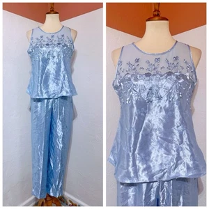 VTG 90s Amanda Stewart Intimates Blue Satin Top Bottom PJs 2PC Set Floral S - Picture 1 of 8