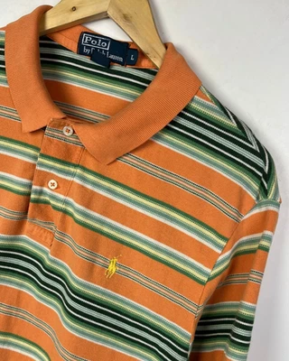 RALPH LAUREN POLO SHIRT Size Large Men`s Striped Regular Fit Orange - Image 1 of 4
