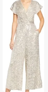 Eliza J Sequin Wide Leg Jumpsuit, V-Neck, Short Sleeve, Flutter Sleeve Taupe, 8P - Picture 1 of 6