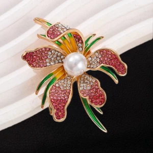 Women's Pink Crystal Rhinestone Enamel Leaf Orchid Flower Brooch Pin - Picture 1 of 3