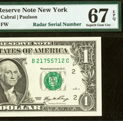 2006 $1 Federal Reserve Note PMG 67EPQ - Radar Serial Number 21755712 - Image 1 of 3