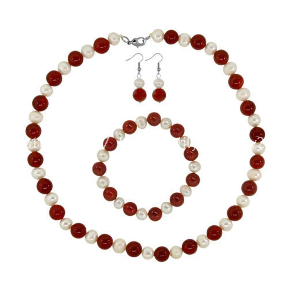 Juego de pendientes collar gemas jade rojo perlas blancas naturales de agua dulce de 7-8 mm Foto 1 de 3