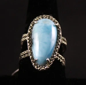 Larimar and Marcasite Accents .925 Sterling Silver Ring Size 9 - Picture 1 of 6