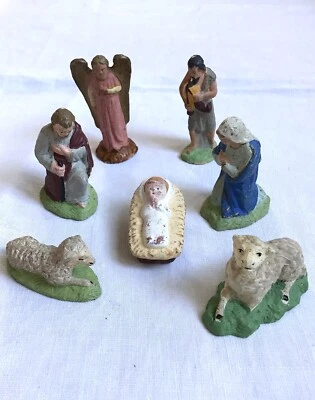 ANTIQUE SANTONS CHRISTMAS CRIB SOOTH AND KEY JESUS MARY JOSEPH ANGEL SHEEP - Image 1 of 4