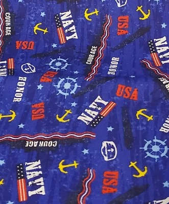 NAVY Military By the Yard BTY 100% Cotton Fabric Patriotic Ships US Flags - Image 1 of 2