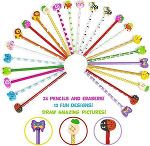 24 Pencils & Eraser Toppers Funky Animal Fruit Designs Kids School Drawing Set - Picture 1 of 4